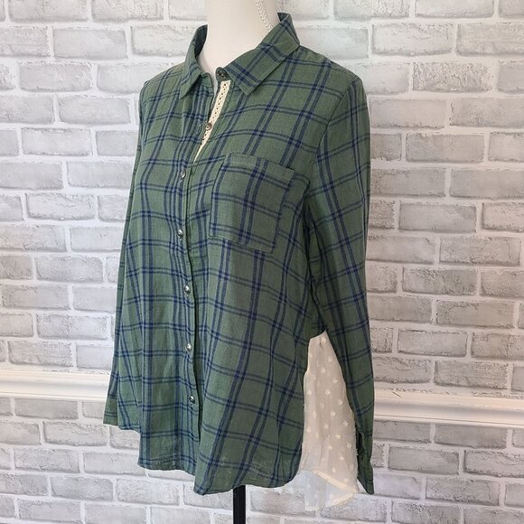 Boutique Plaid Flannel Shirt Lace Panel Shirt L NEW Cozy Feminine Long Sleeve - Picture 1 of 9